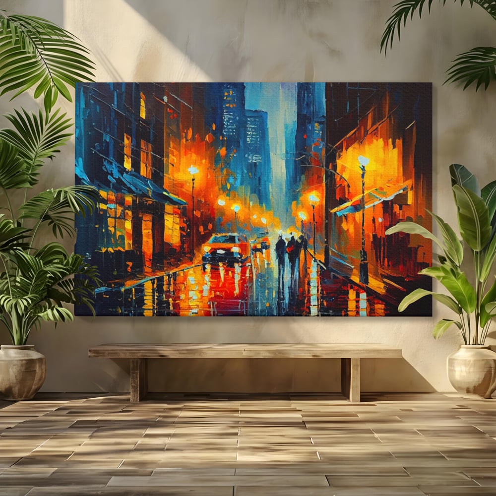 Tablou canvas cu pictura stradala cu oras plouat, fara rama, pe sasiu de lemn
